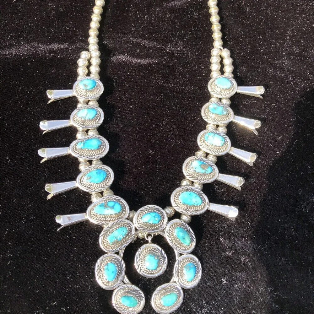 Vintage Sterling Silver Navajo Kingman Turquoise Squash Blossom Necklace Jewelry - Picture 3 of 16